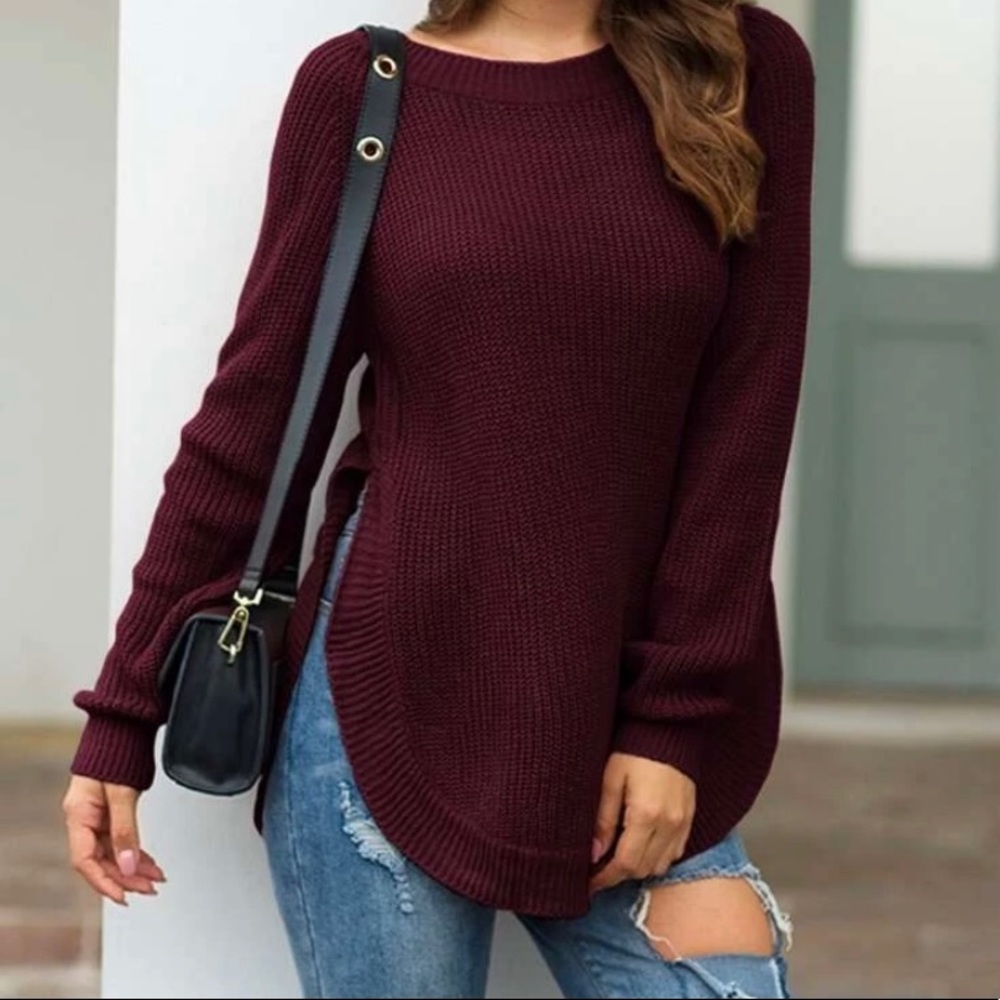 Round Neck Curved Hem Sweater